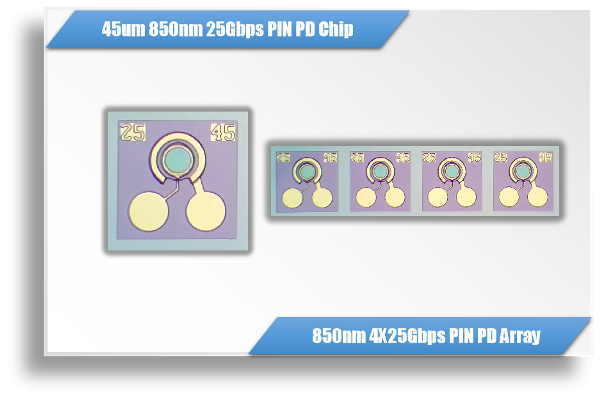 850nm 25Gbps / 100Gbps GaAs PD Chip & 1X4 Array